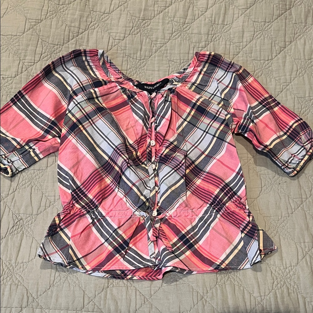 Ralph Lauren Pink Plaid Button-Front Peasant Top